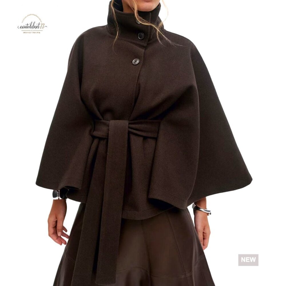Wool Blend Pea Coat Cape Batwing Sleeve Oversized Chic Winter Cropped Overcoat